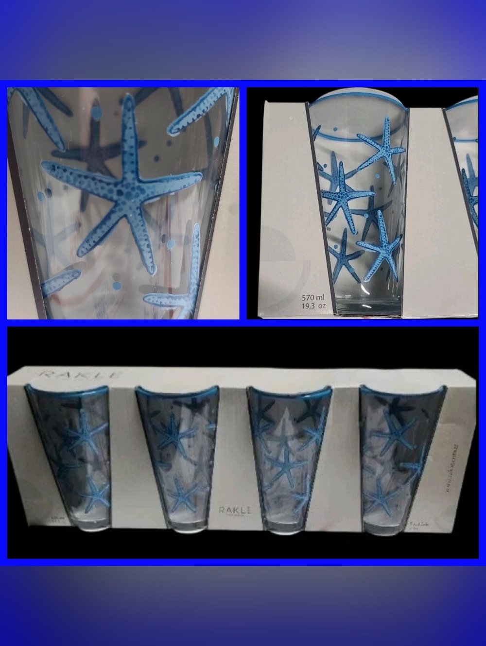 4pc Rackle Blue Starfish Coastal Ocean Beach Tall Tumbler Turkish Drink Glasses